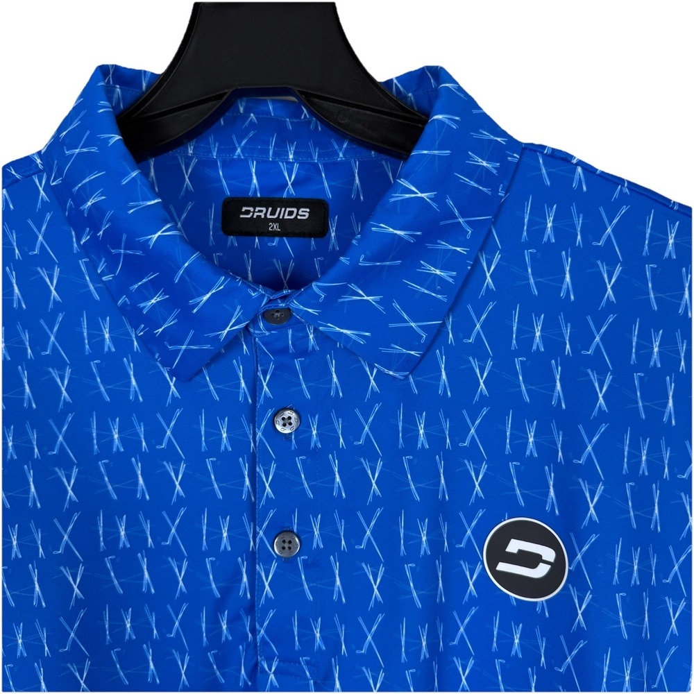 Druids Polo Shirt Men's XXL Blue Geometric Golf Club Short Sleeve Performance